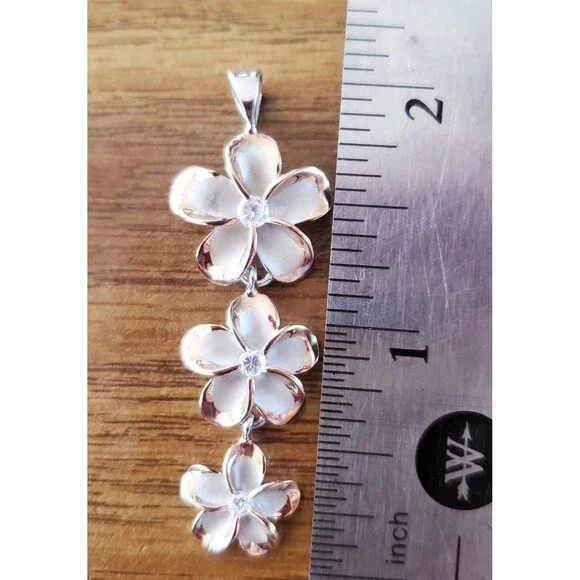 925 Sterling Silver Plumeria Pendant Flowers Silver and Rose Gold Tone - Picture 3 of 3